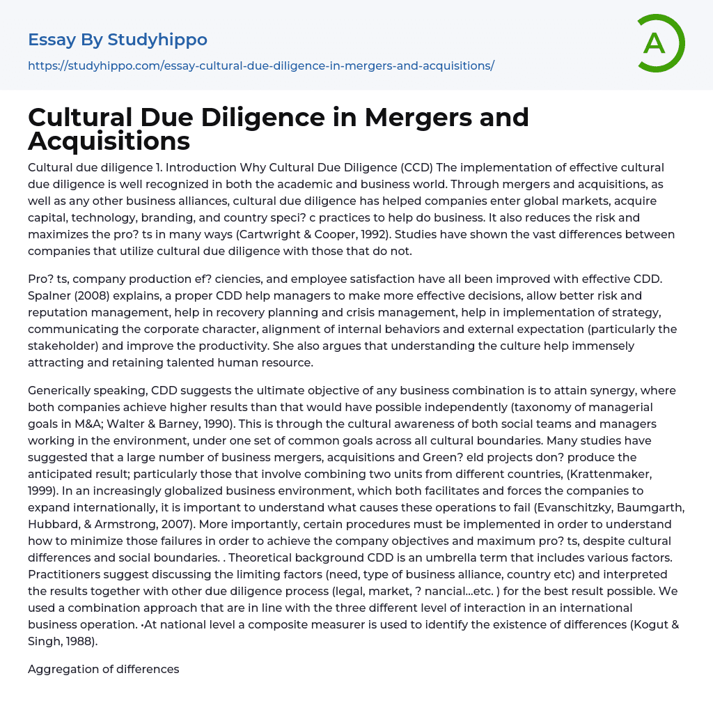 Cultural Due Diligence in Mergers and Acquisitions Essay Example