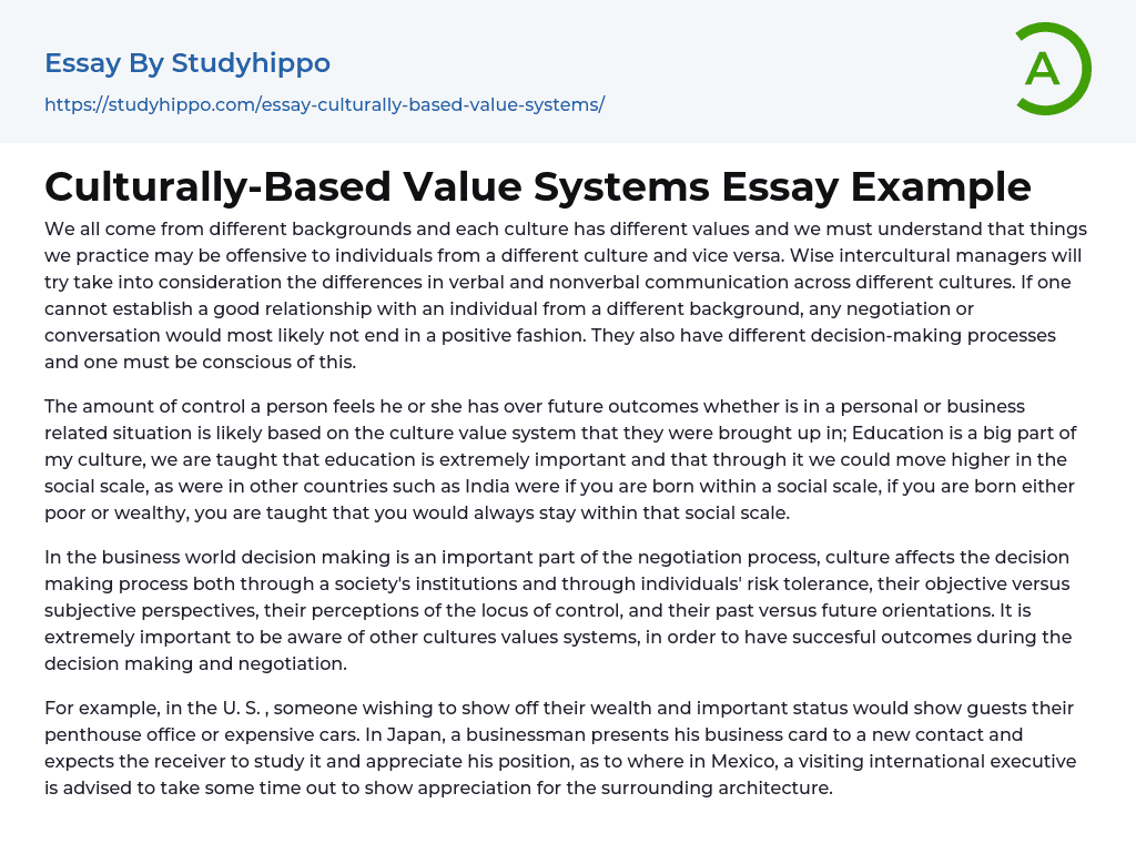 Culturally-Based Value Systems Essay Example