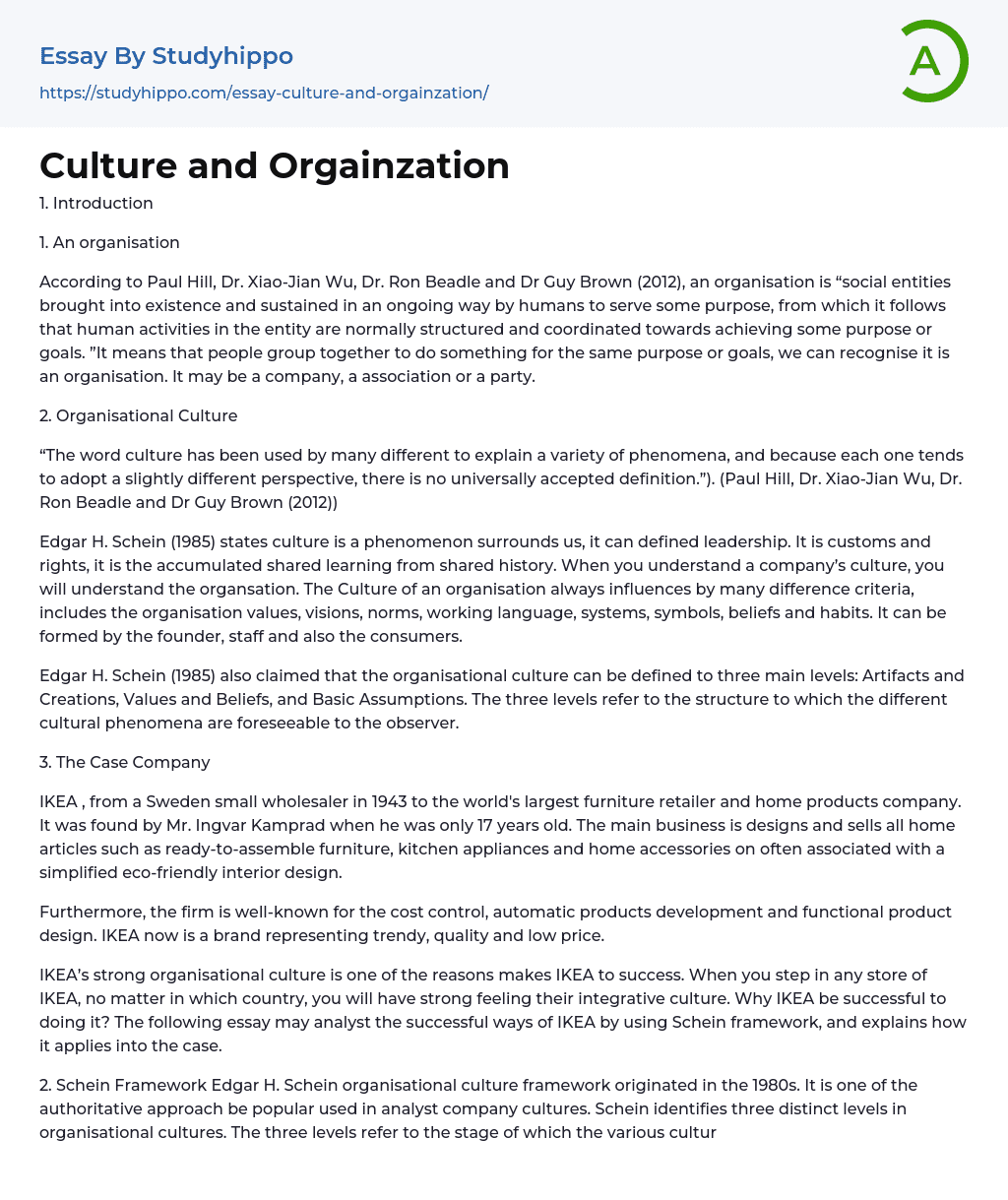 Culture and Orgainzation Essay Example