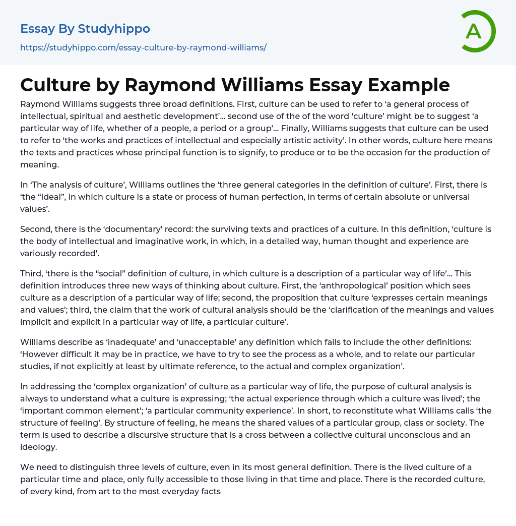 Culture by Raymond Williams Essay Example