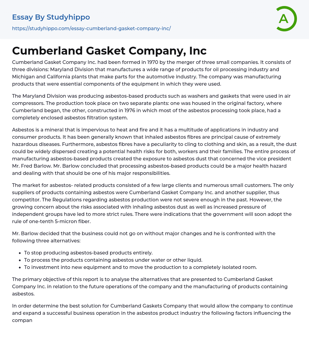 Cumberland Gasket Company, Inc Essay Example