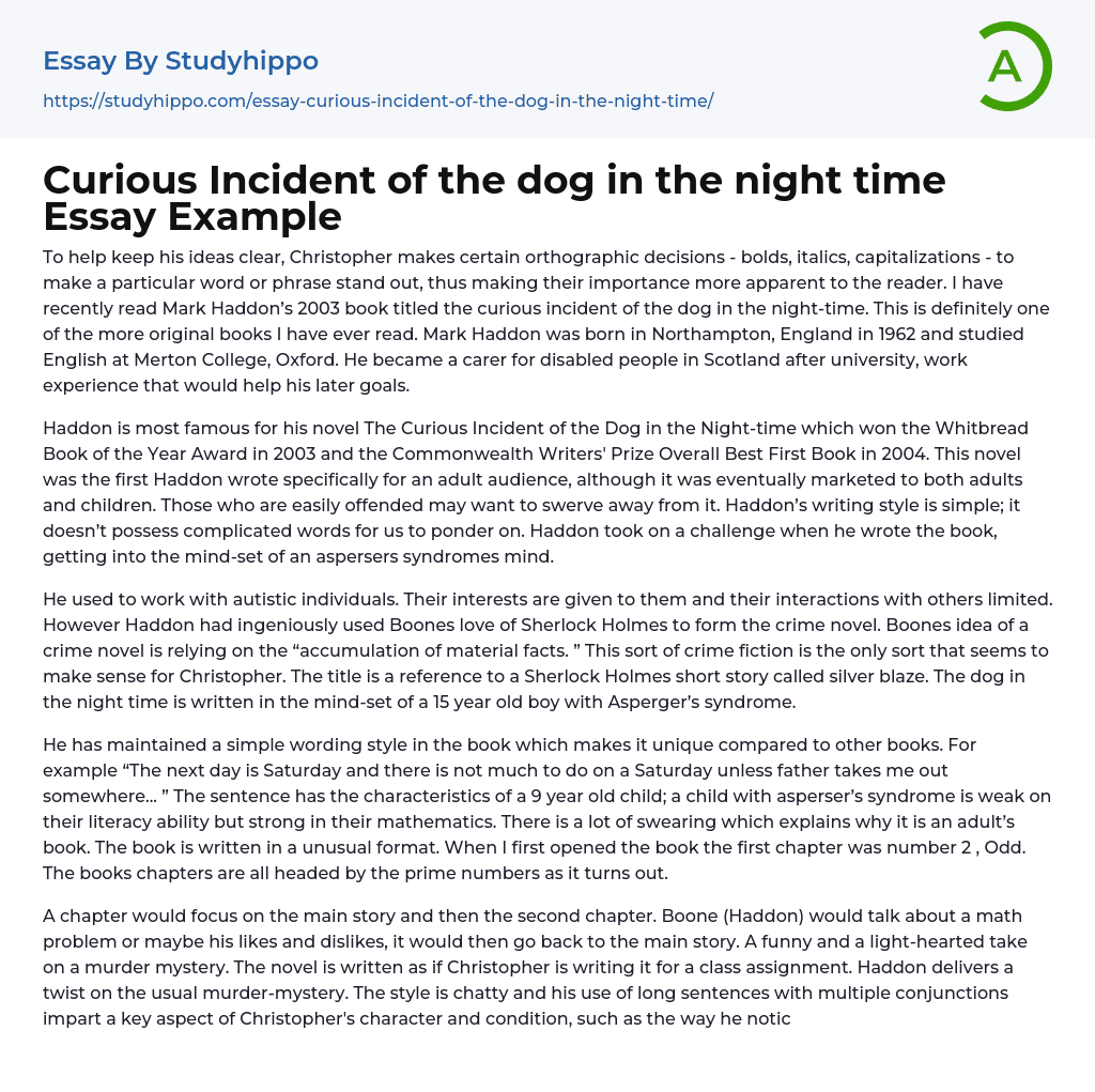 Curious Incident of the dog in the night time Essay Example