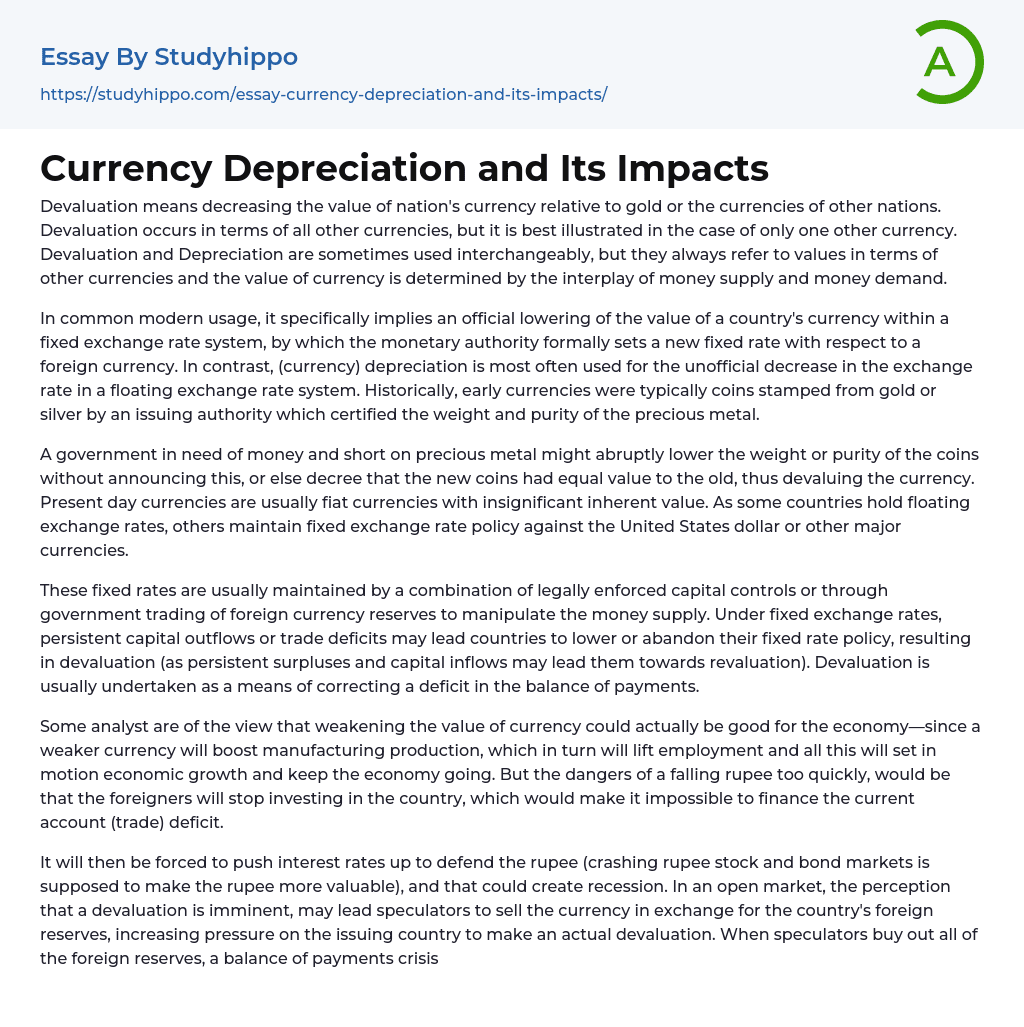 Currency Depreciation and Its Impacts Essay Example