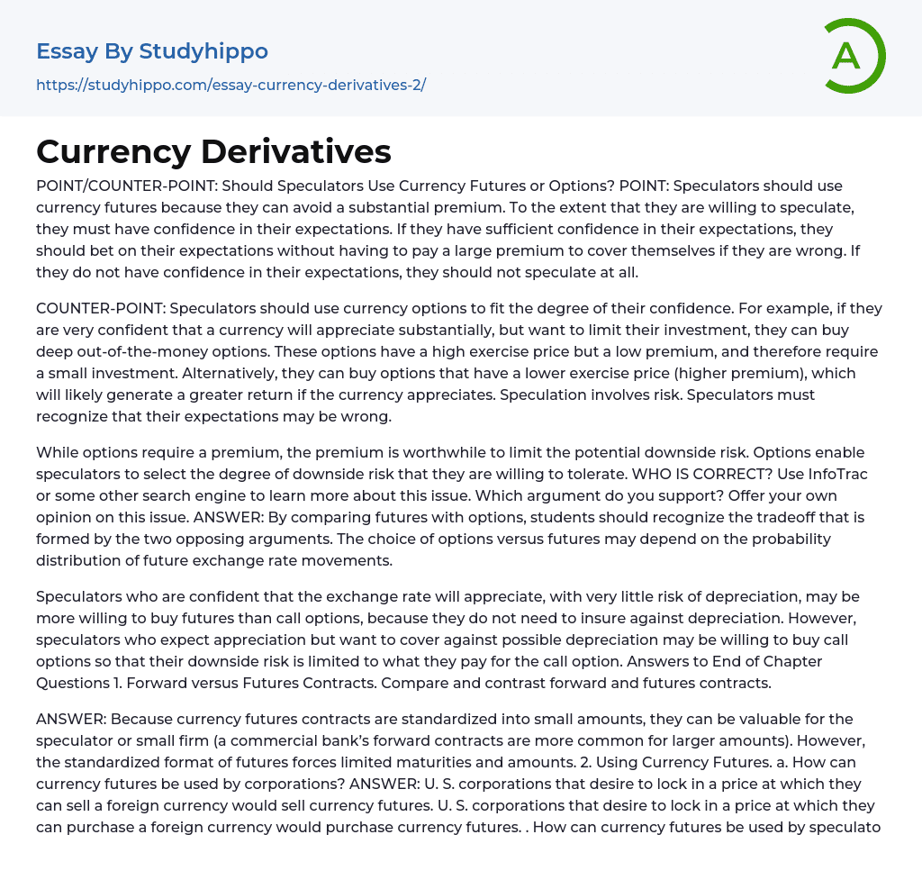 Currency Derivatives Essay Example