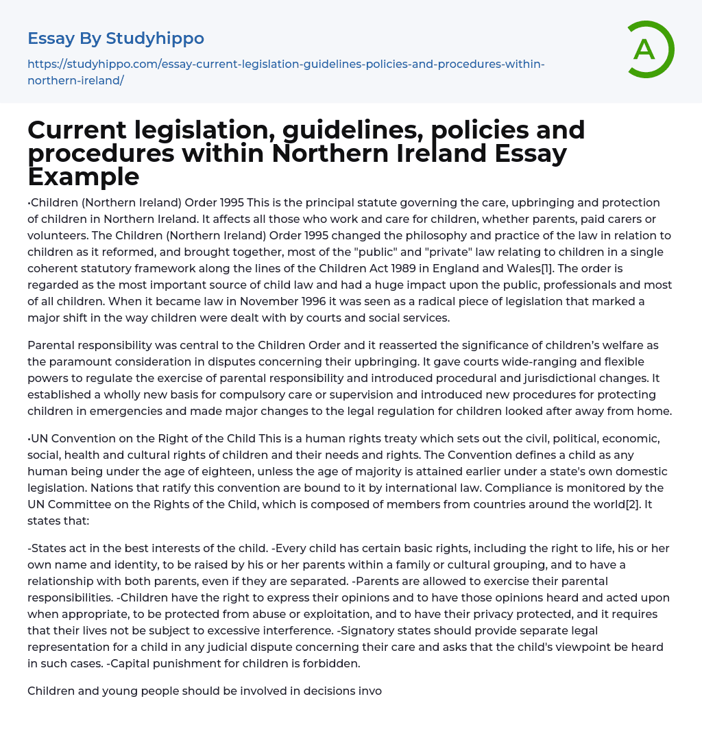 Current legislation, guidelines, policies and procedures within Northern Ireland Essay Example