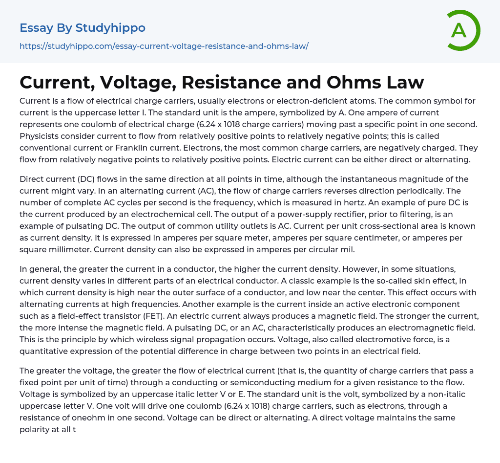 Current, Voltage, Resistance and Ohms Law Essay Example
