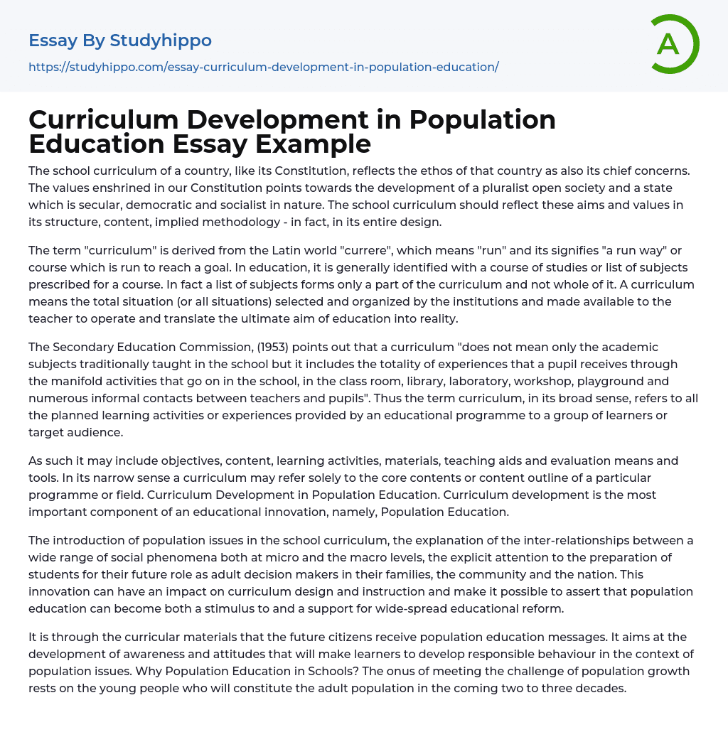Curriculum Development in Population Education Essay Example