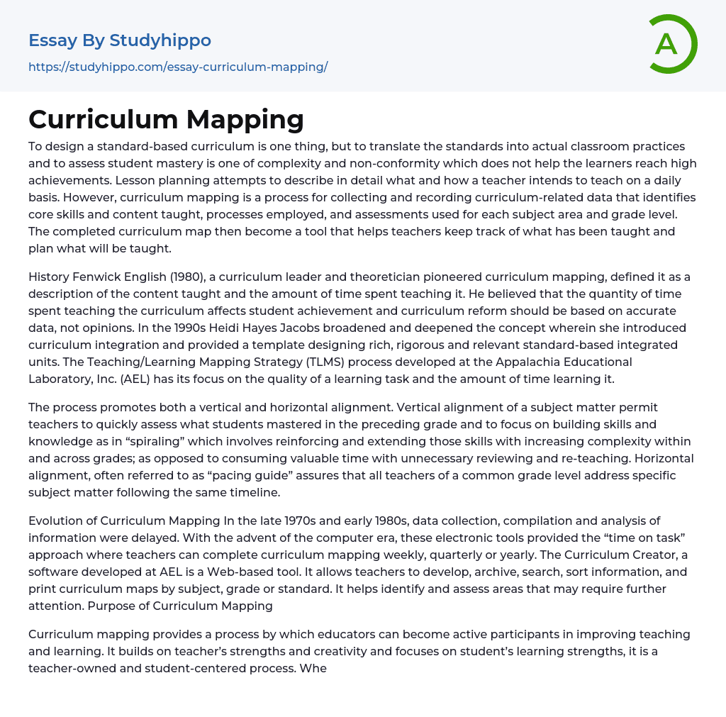 Curriculum Mapping Essay Example