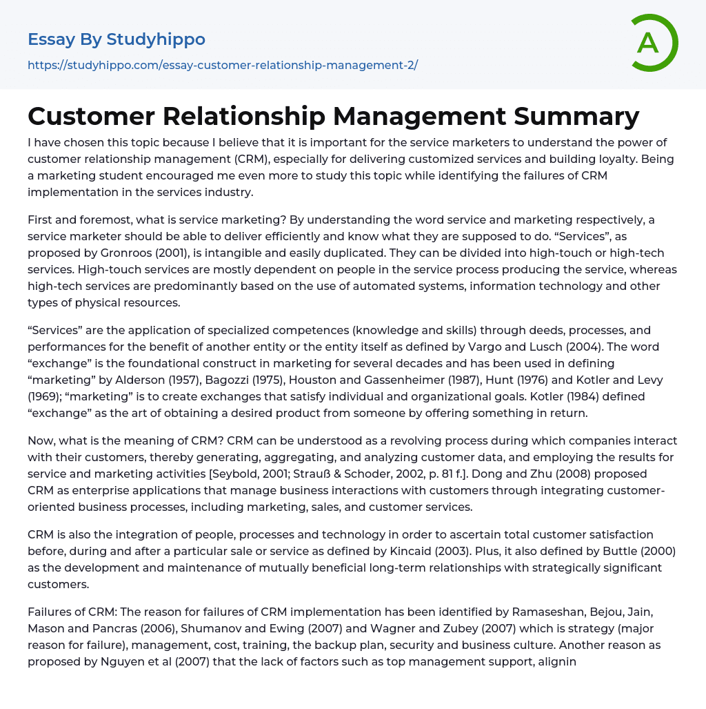 Customer Relationship Management Summary Essay Example
