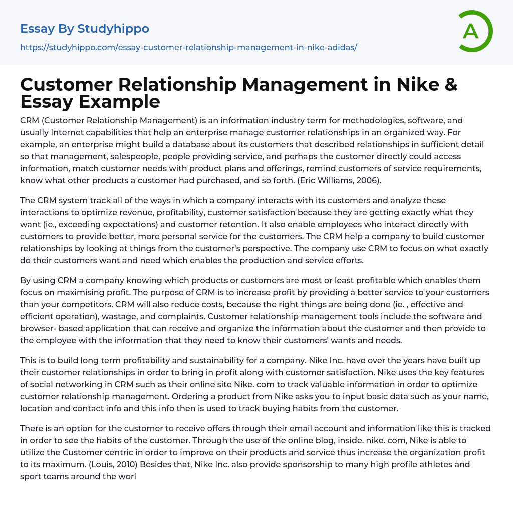 Customer Relationship Management in Nike &amp Essay Example