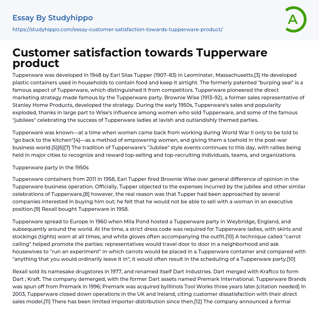 Customer satisfaction towards Tupperware product Essay Example