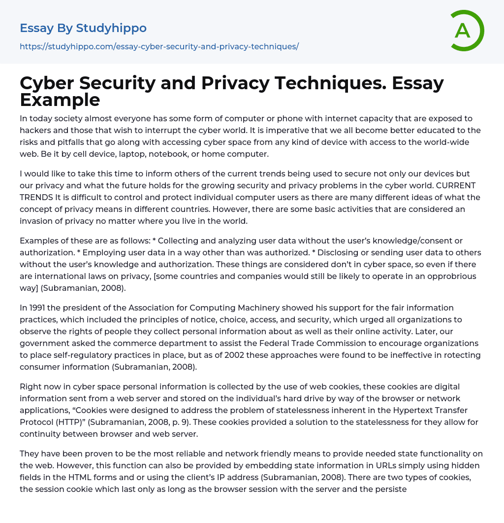 Cyber Security and Privacy Techniques. Essay Example