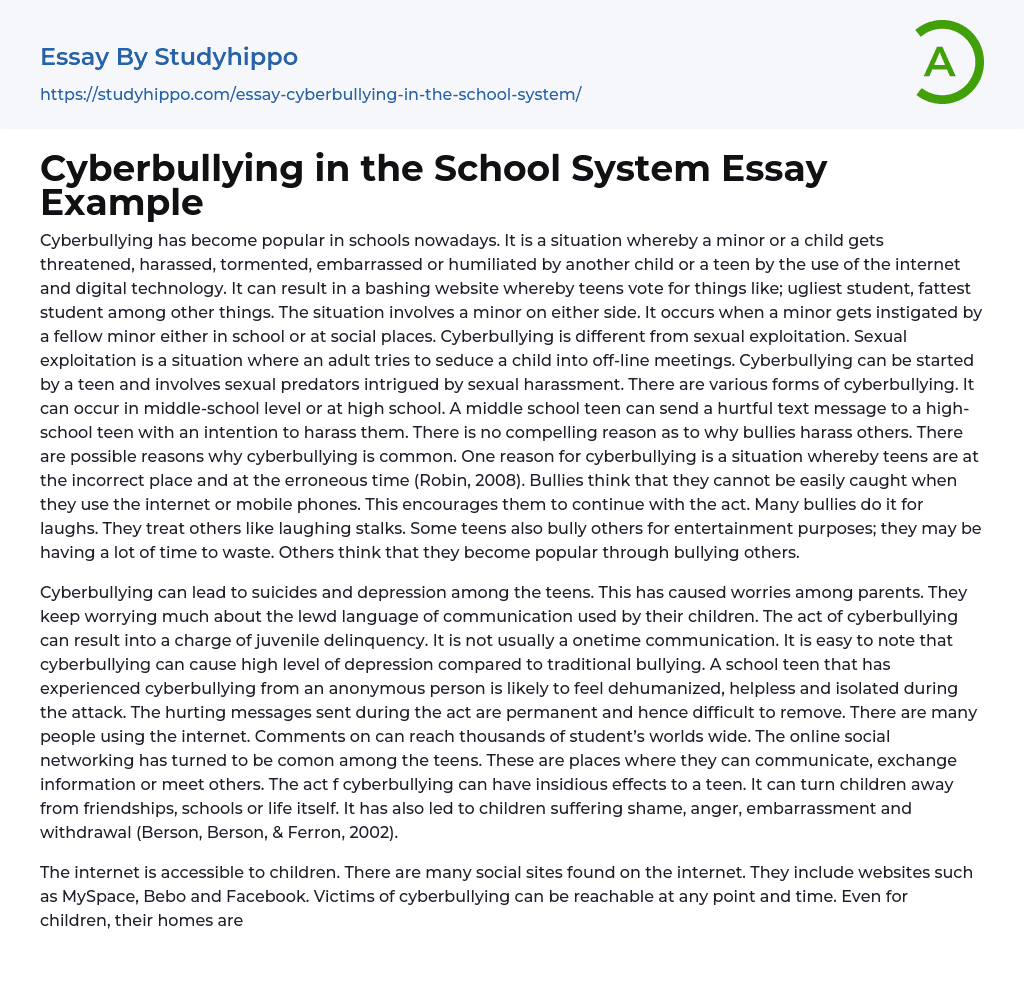 Cyberbullying in the School System Essay Example