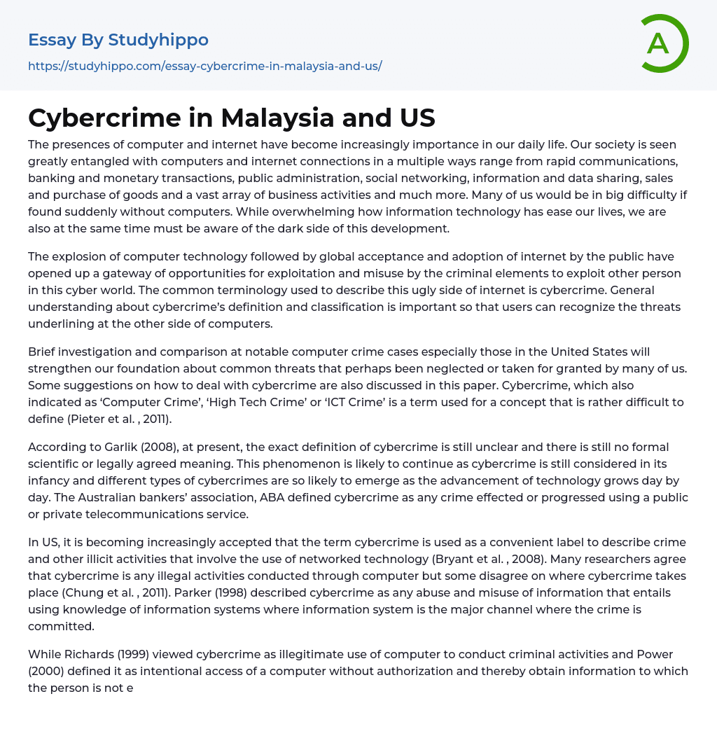 Cybercrime in Malaysia and US Essay Example