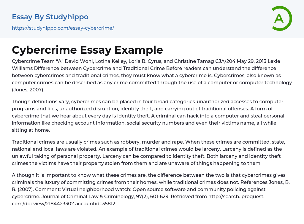 Difference between Cybercrime and Traditional Crime Essay Example