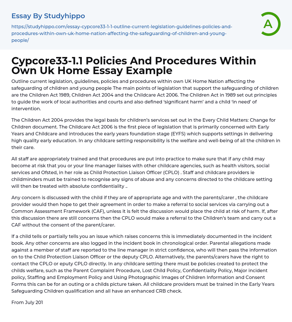 Cypcore33-1.1 Policies And Procedures Within Own Uk Home Essay Example