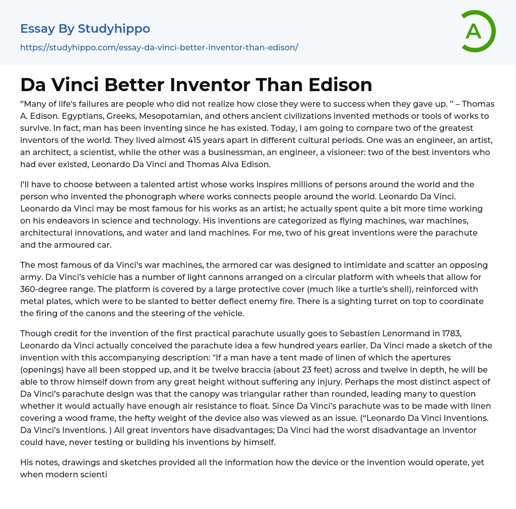 Da Vinci Better Inventor Than Edison Essay Example