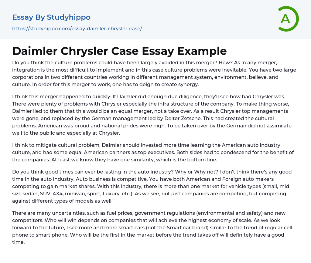 Daimler Chrysler Case Essay Example