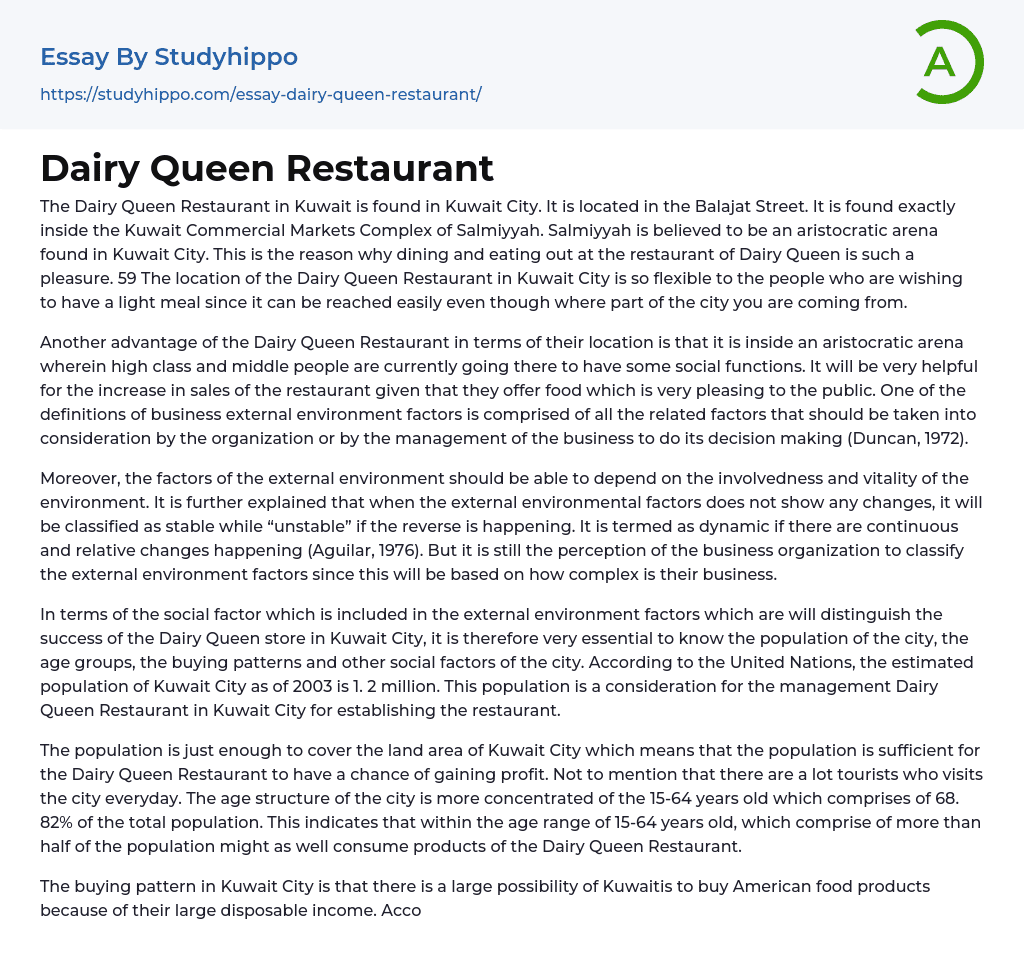 Dairy Queen Restaurant Essay Example