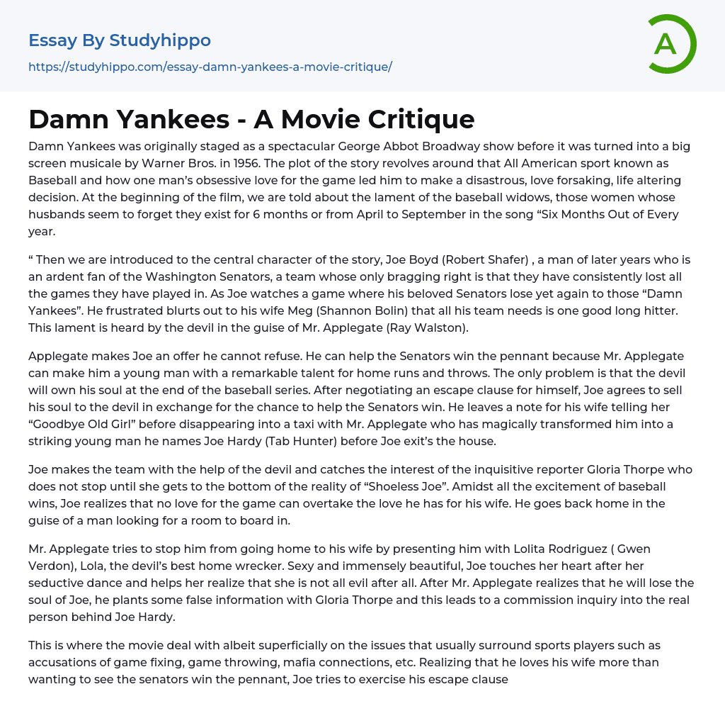 Damn Yankees – A Movie Critique Essay Example