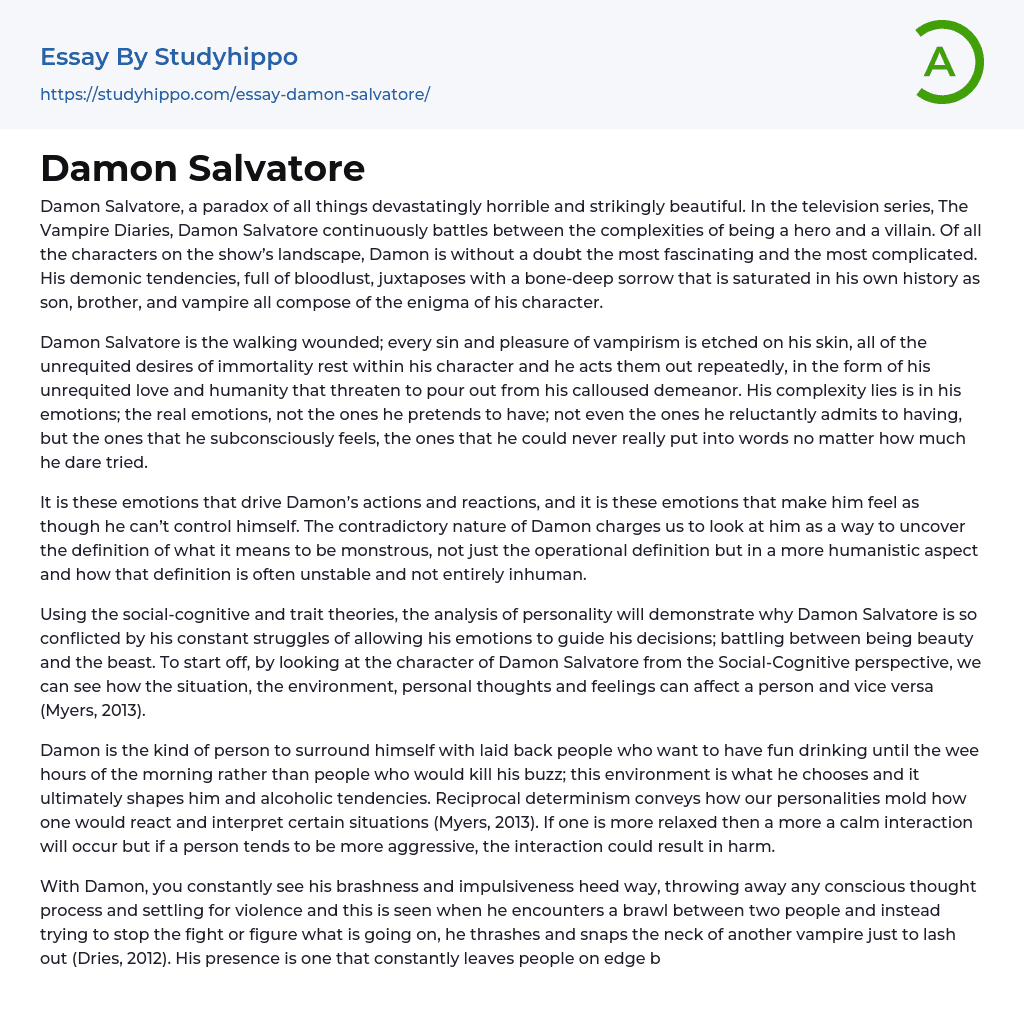 Damon Salvatore Essay Example StudyHippo