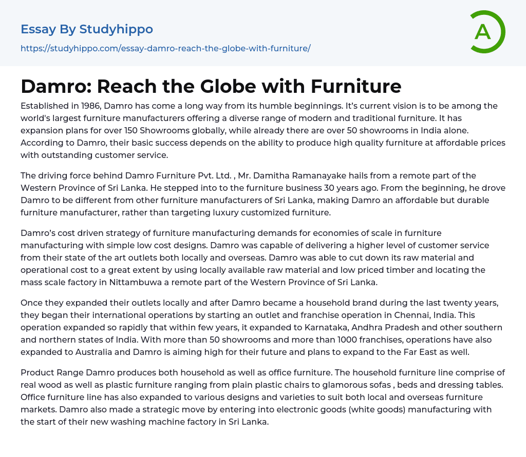 Damro: Reach the Globe with Furniture Essay Example