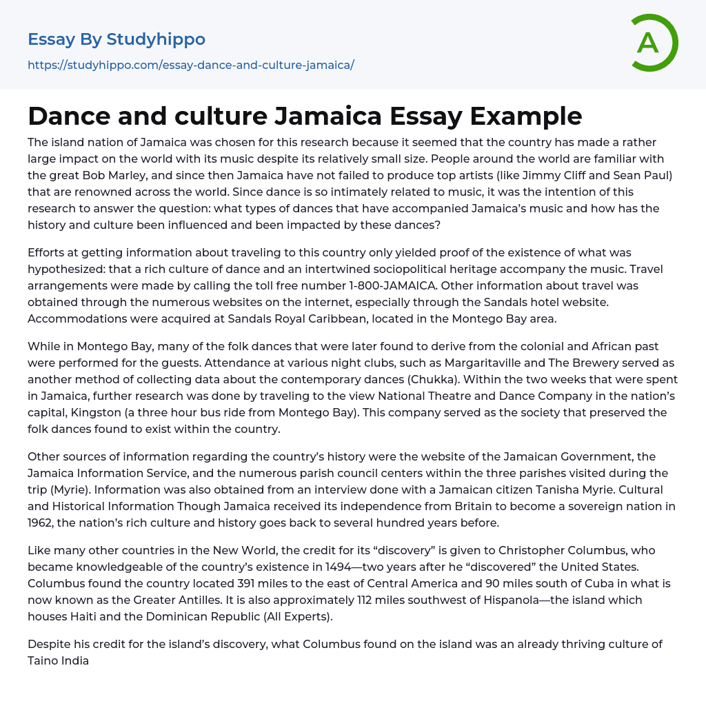 Dance and culture Jamaica Essay Example