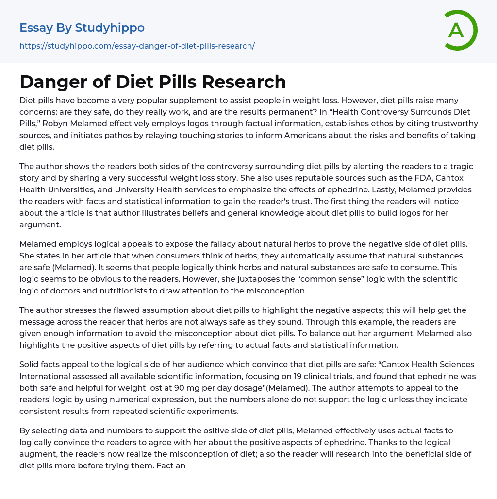 Danger of Diet Pills Research Essay Example