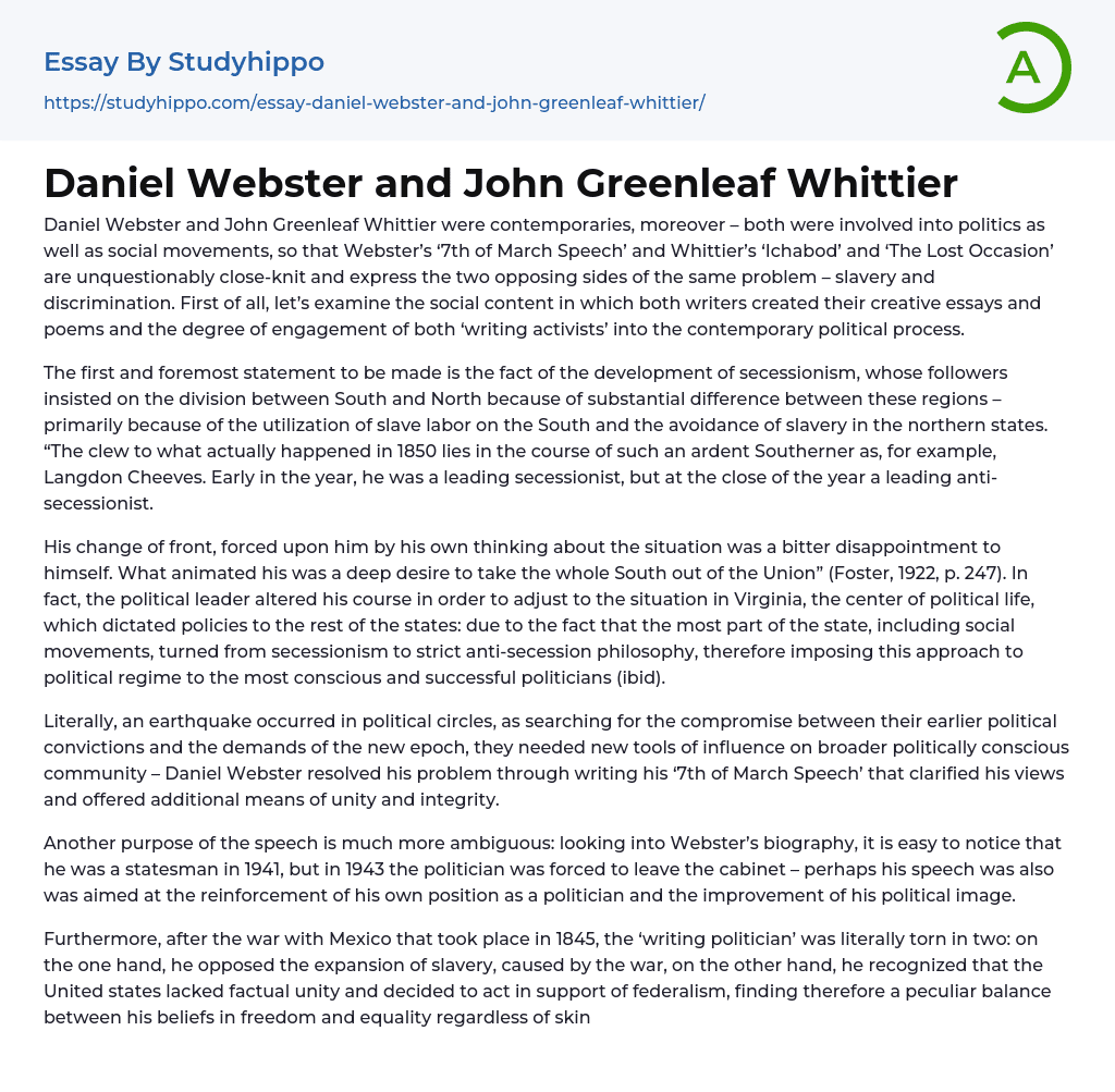 Daniel Webster and John Greenleaf Whittier Essay Example