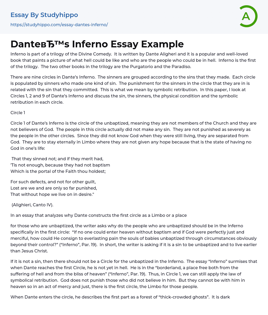 Dante’s Inferno Essay Example