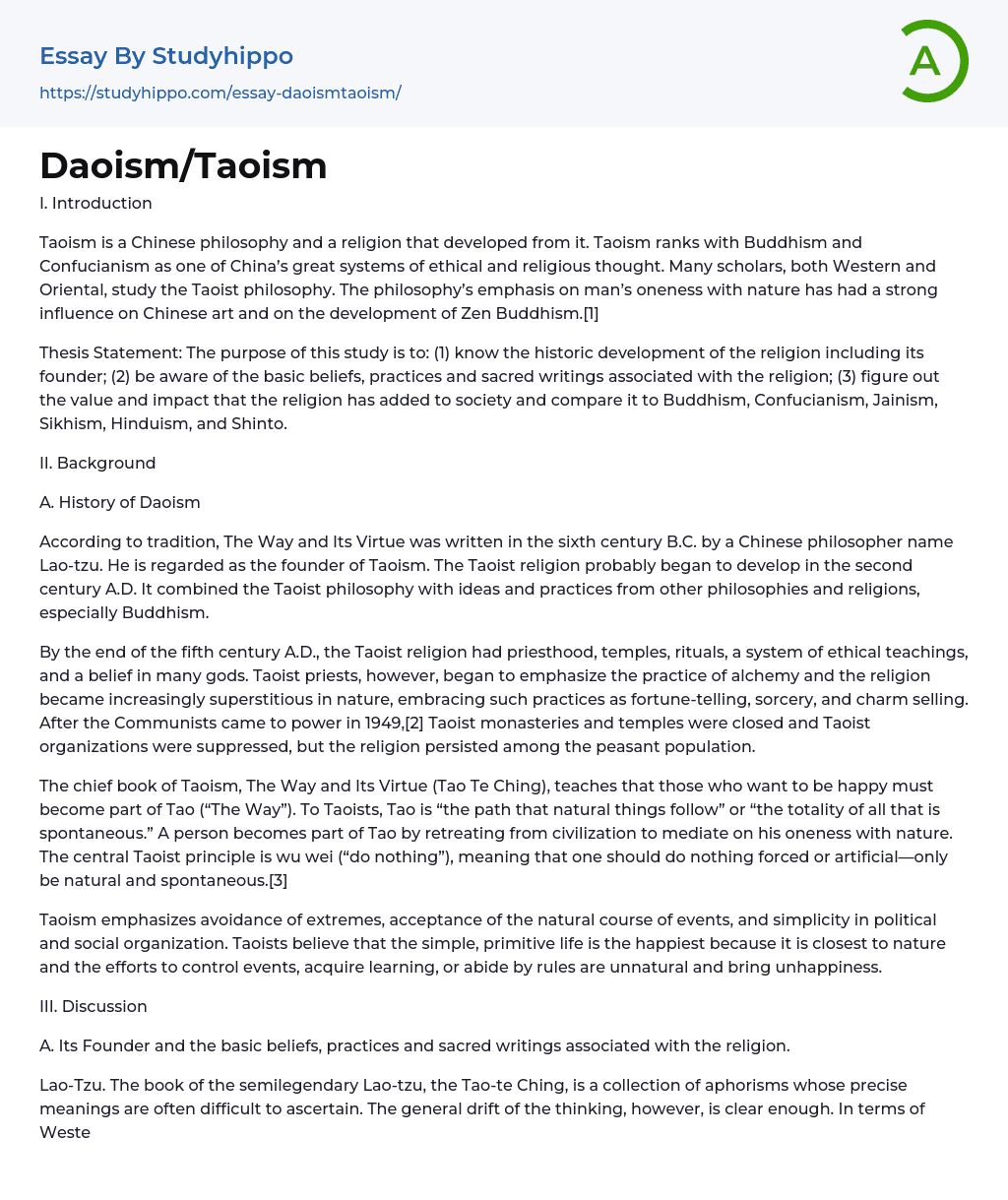 Daoism/Taoism Essay Example