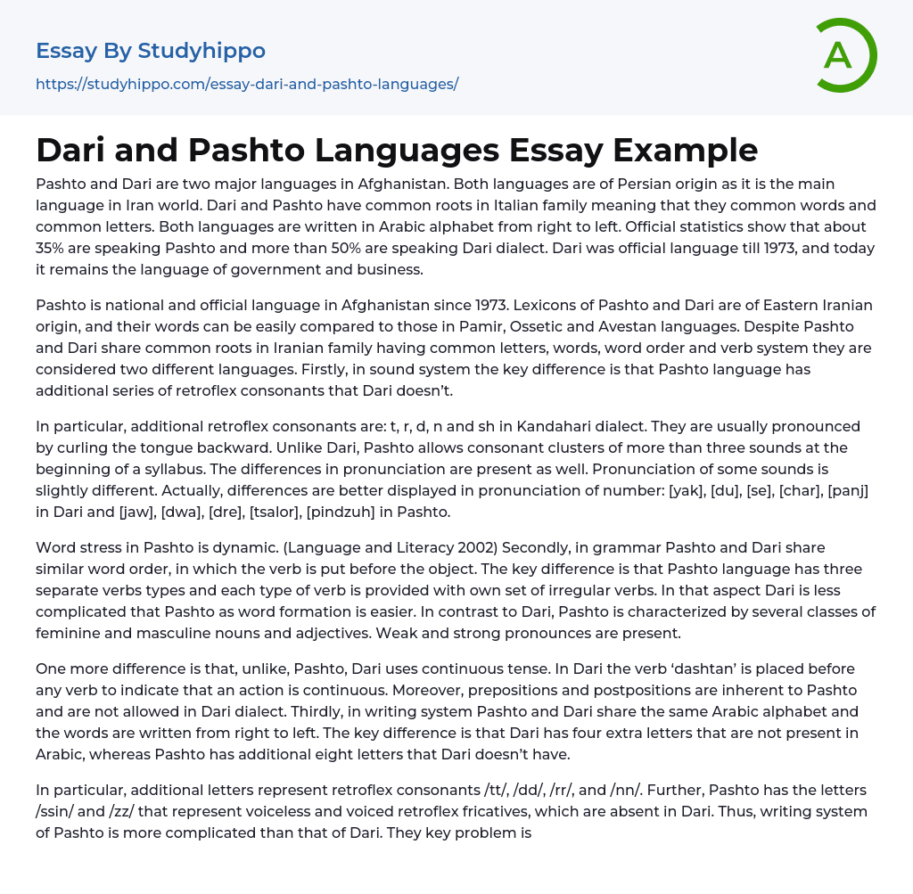 Dari and Pashto Languages Essay Example