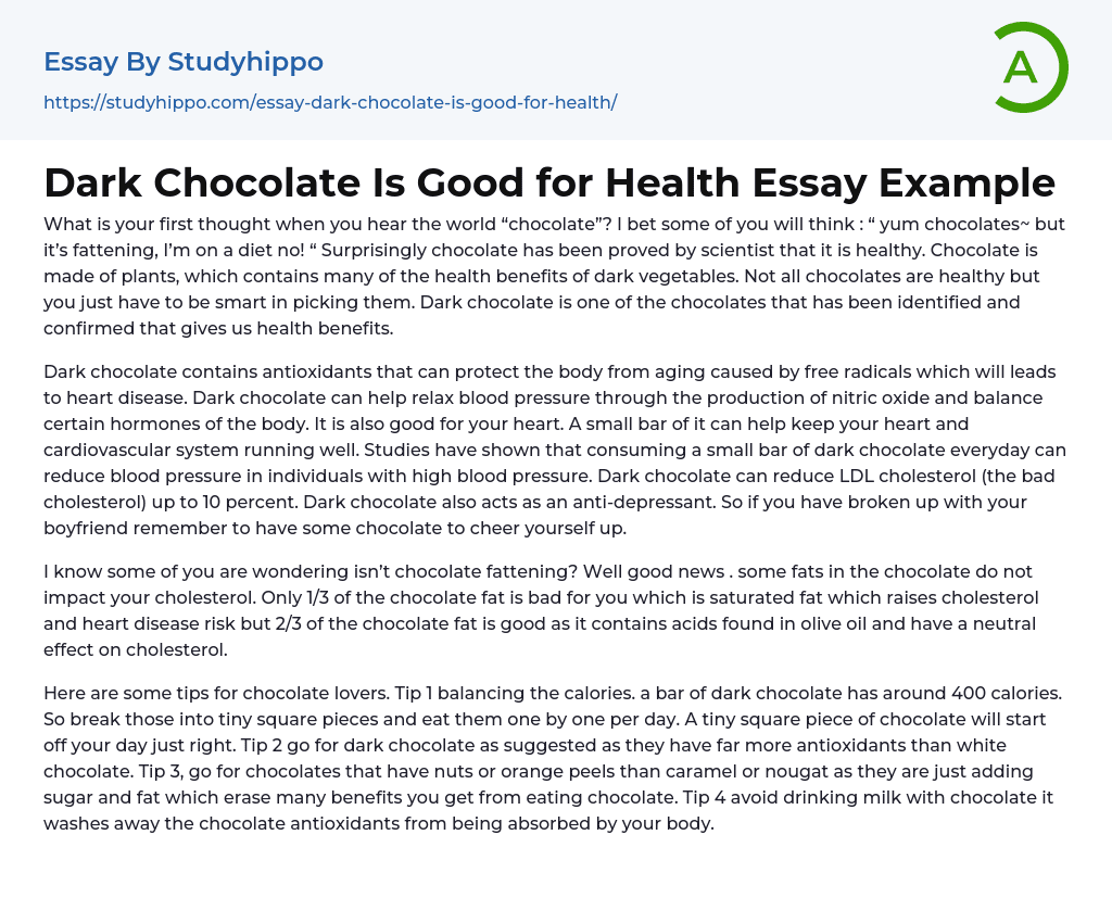 Dark Chocolate Is Good for Health Essay Example