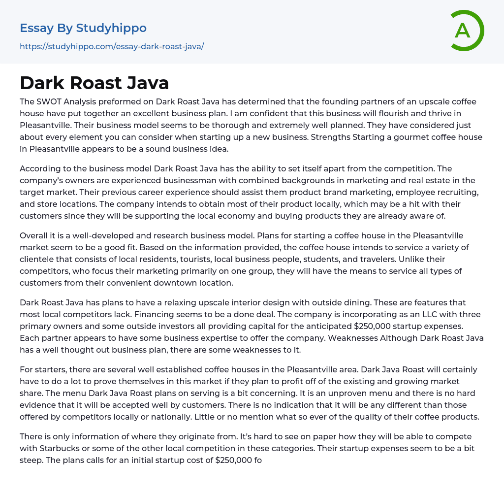 Dark Roast Java Essay Example