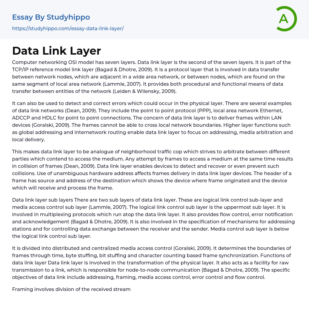 Data Link Layer Essay Example