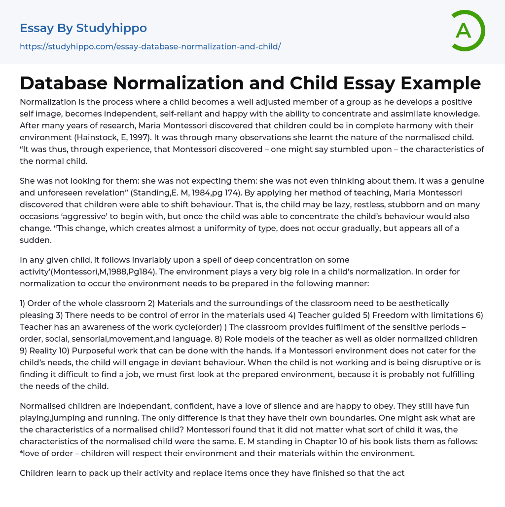 Database Normalization and Child Essay Example