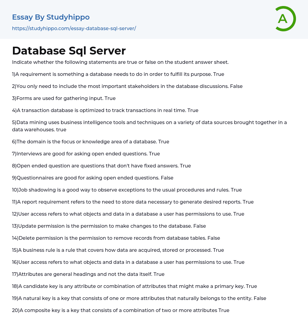 Database Sql Server Essay Example