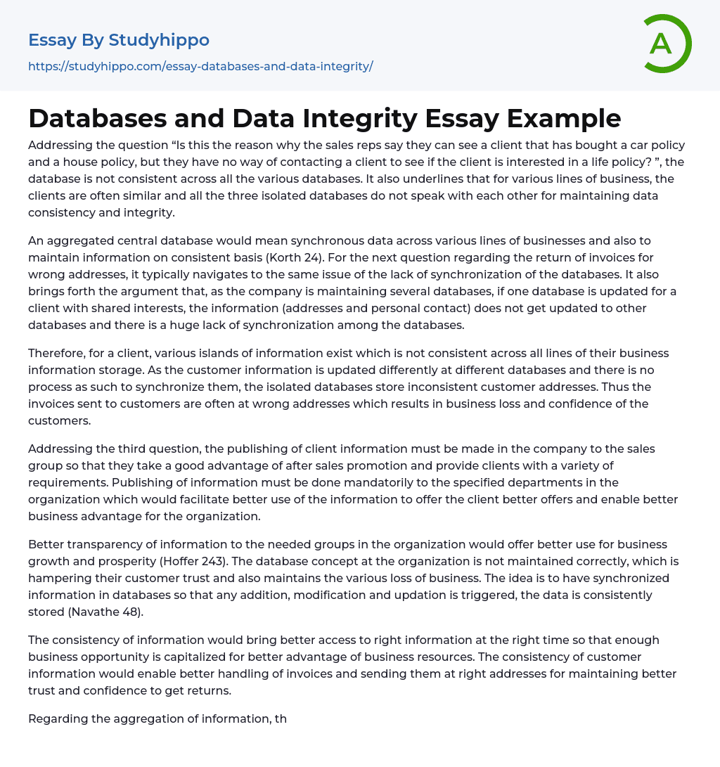 Databases and Data Integrity Essay Example