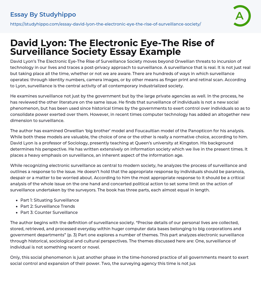 David Lyon: The Electronic Eye-The Rise of Surveillance Society Essay Example