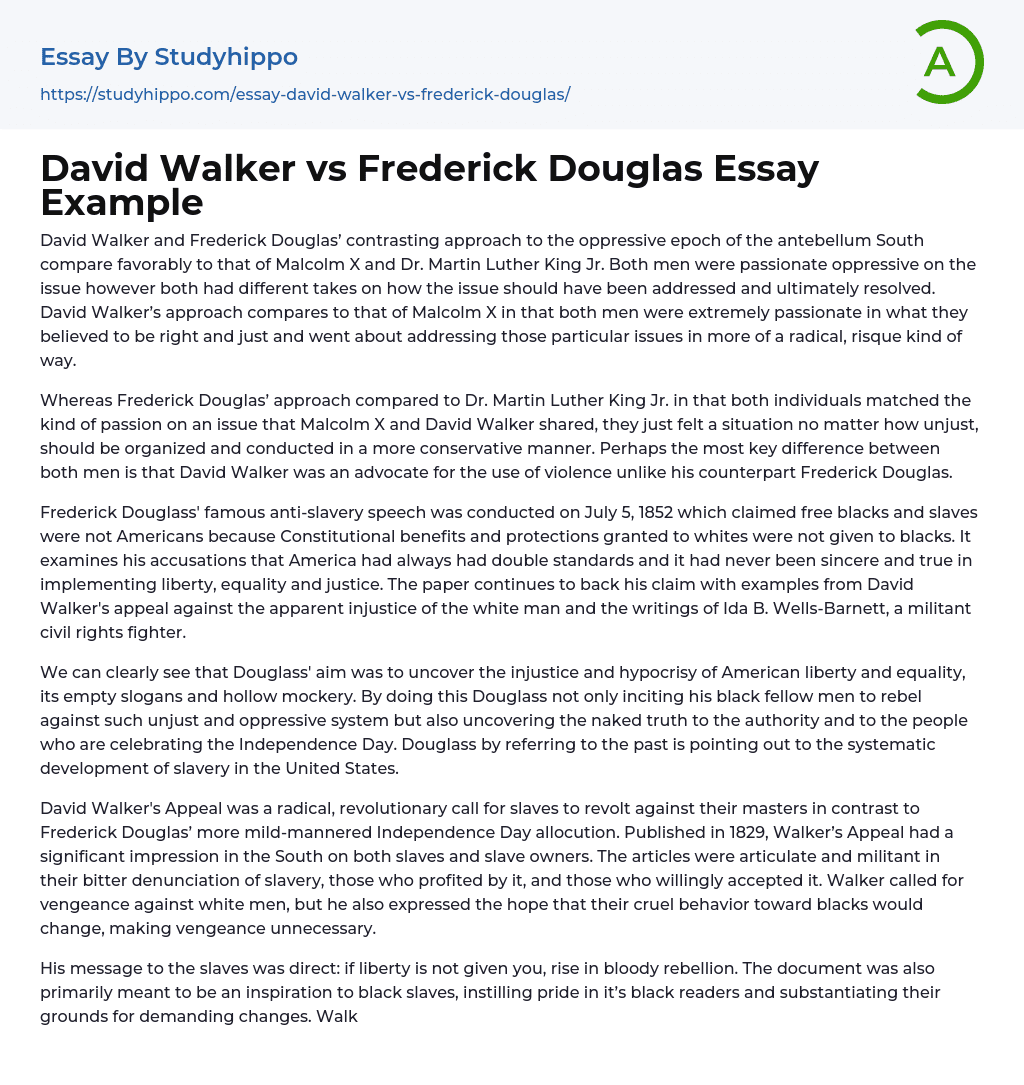 David Walker vs Frederick Douglas Essay Example