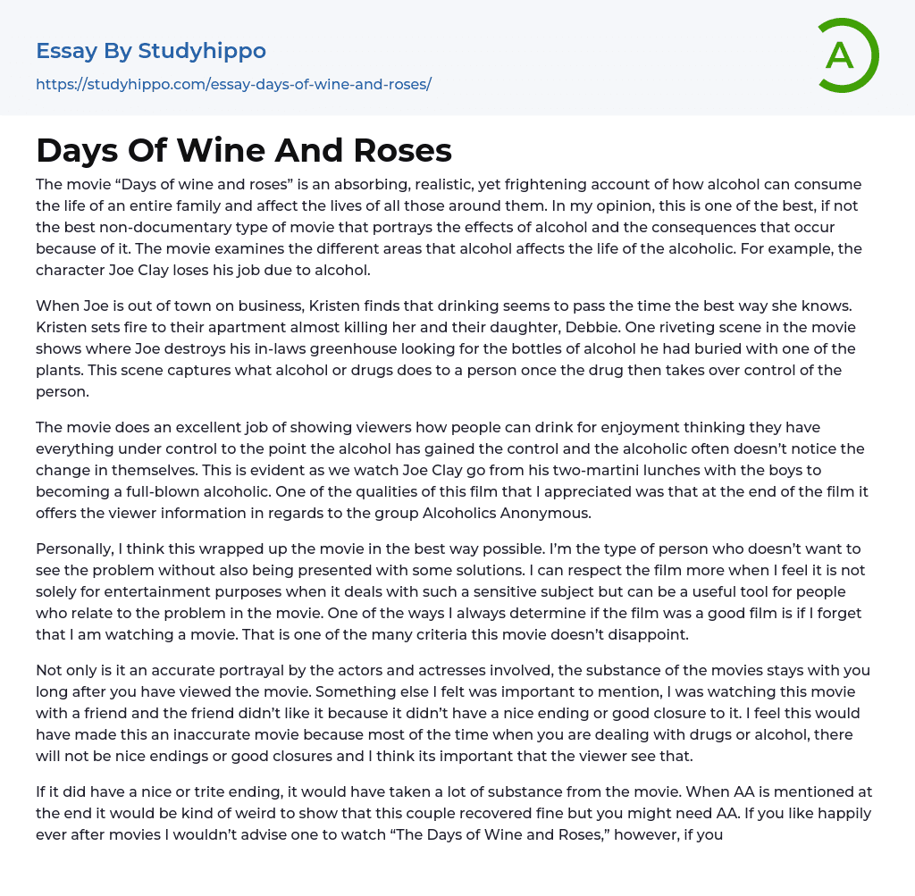Days Of Wine And Roses Essay Example