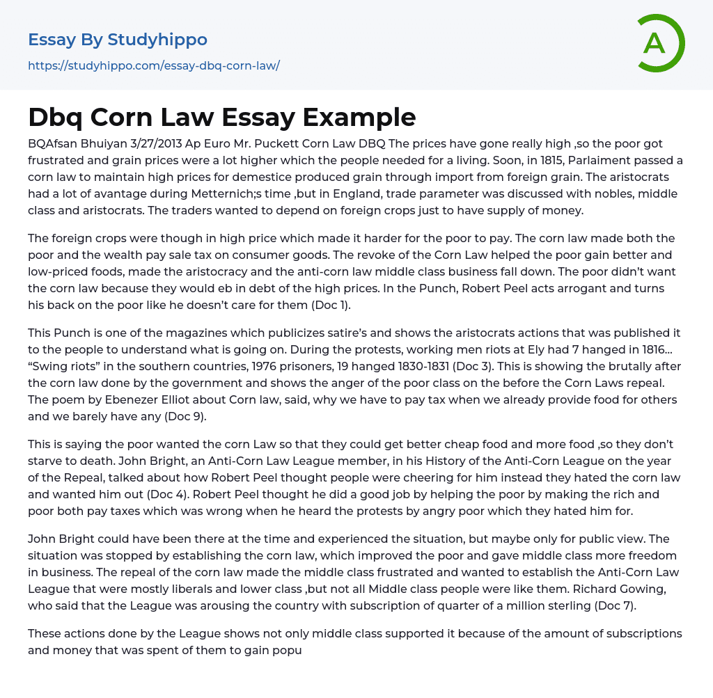 Corn Law DBQ Essay Example
