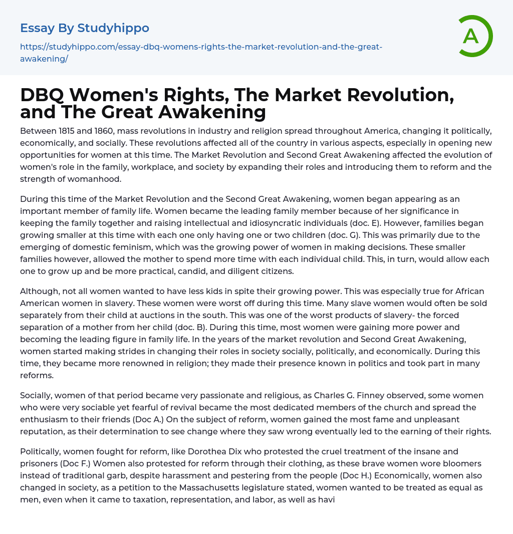 DBQ Women’s Rights, The Market Revolution, and The Great Awakening Essay Example