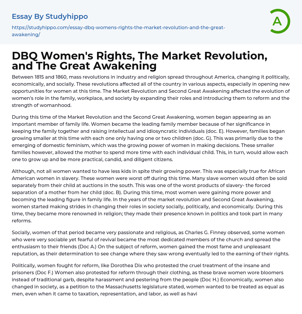 DBQ Women s Rights The Market Revolution And The Great Awakening 