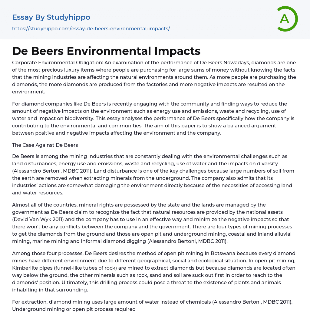 De Beers Environmental Impacts Essay Example