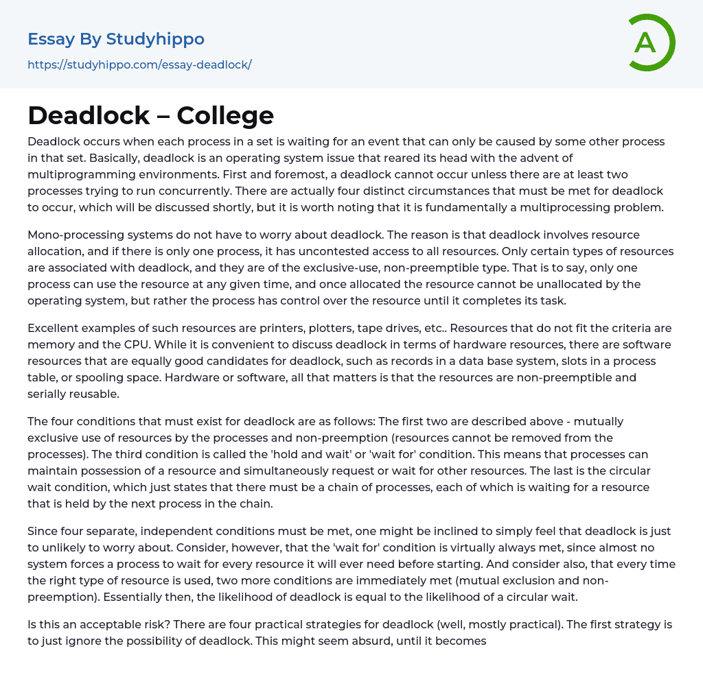 Deadlock – College Essay Example