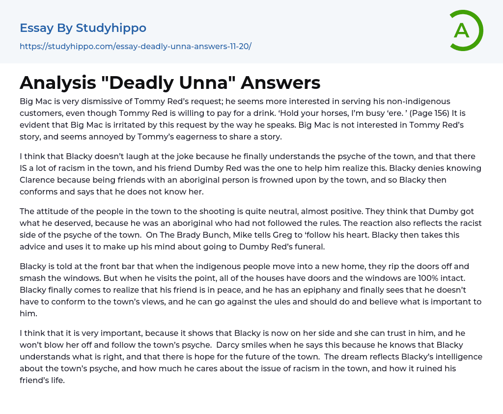 Analysis “Deadly Unna” Answers Essay Example