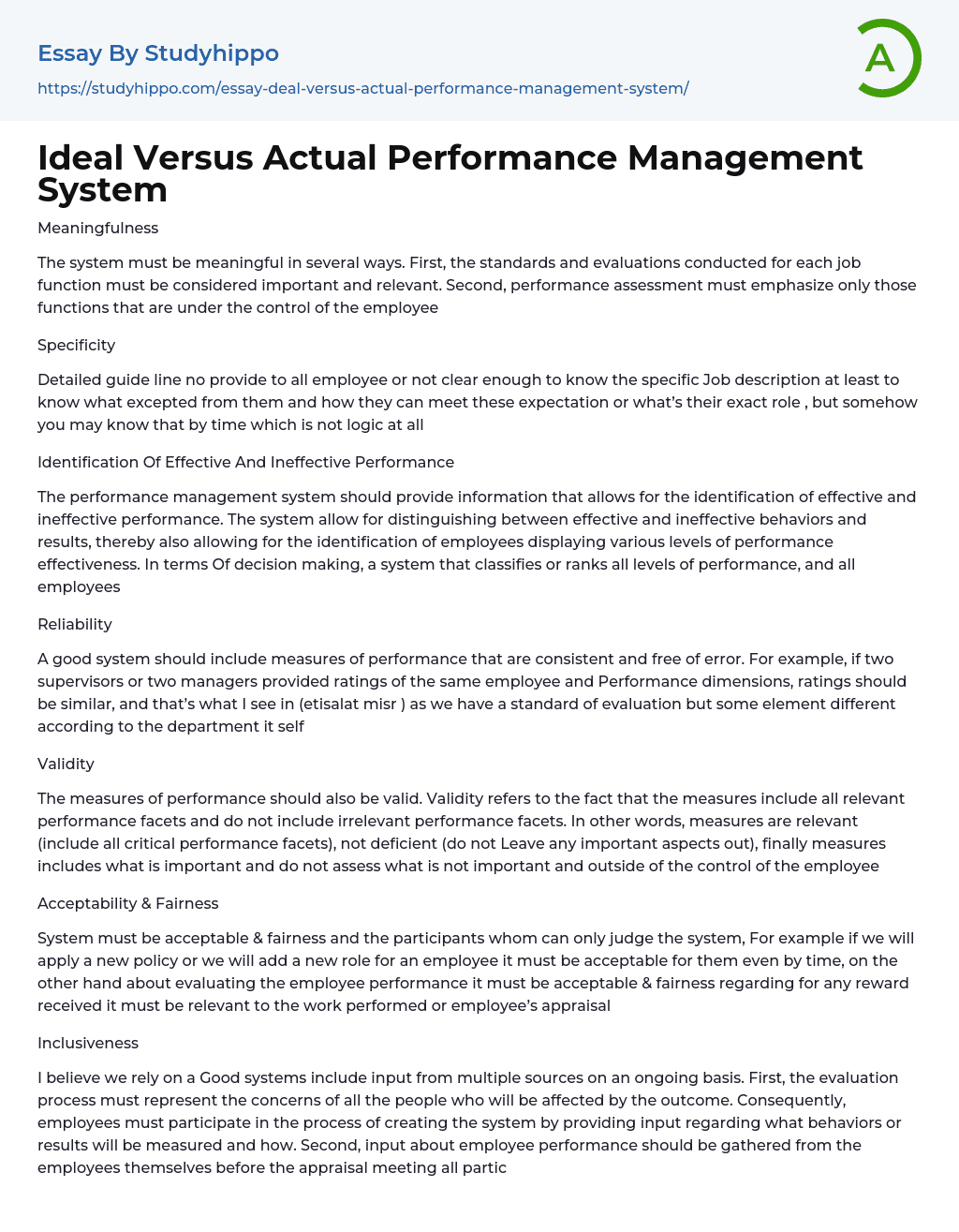 Ideal Versus Actual Performance Management System Essay Example