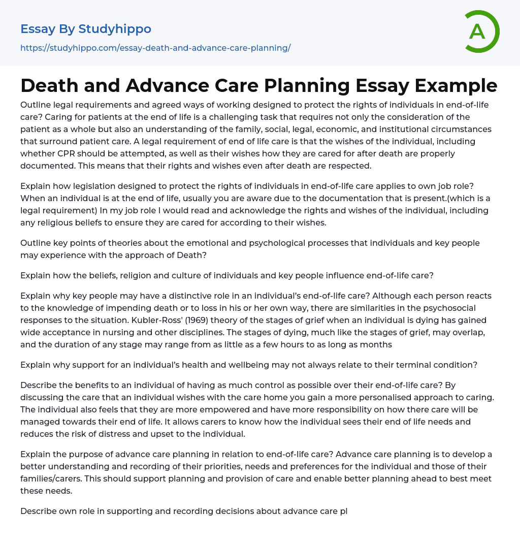 Death and Advance Care Planning Essay Example