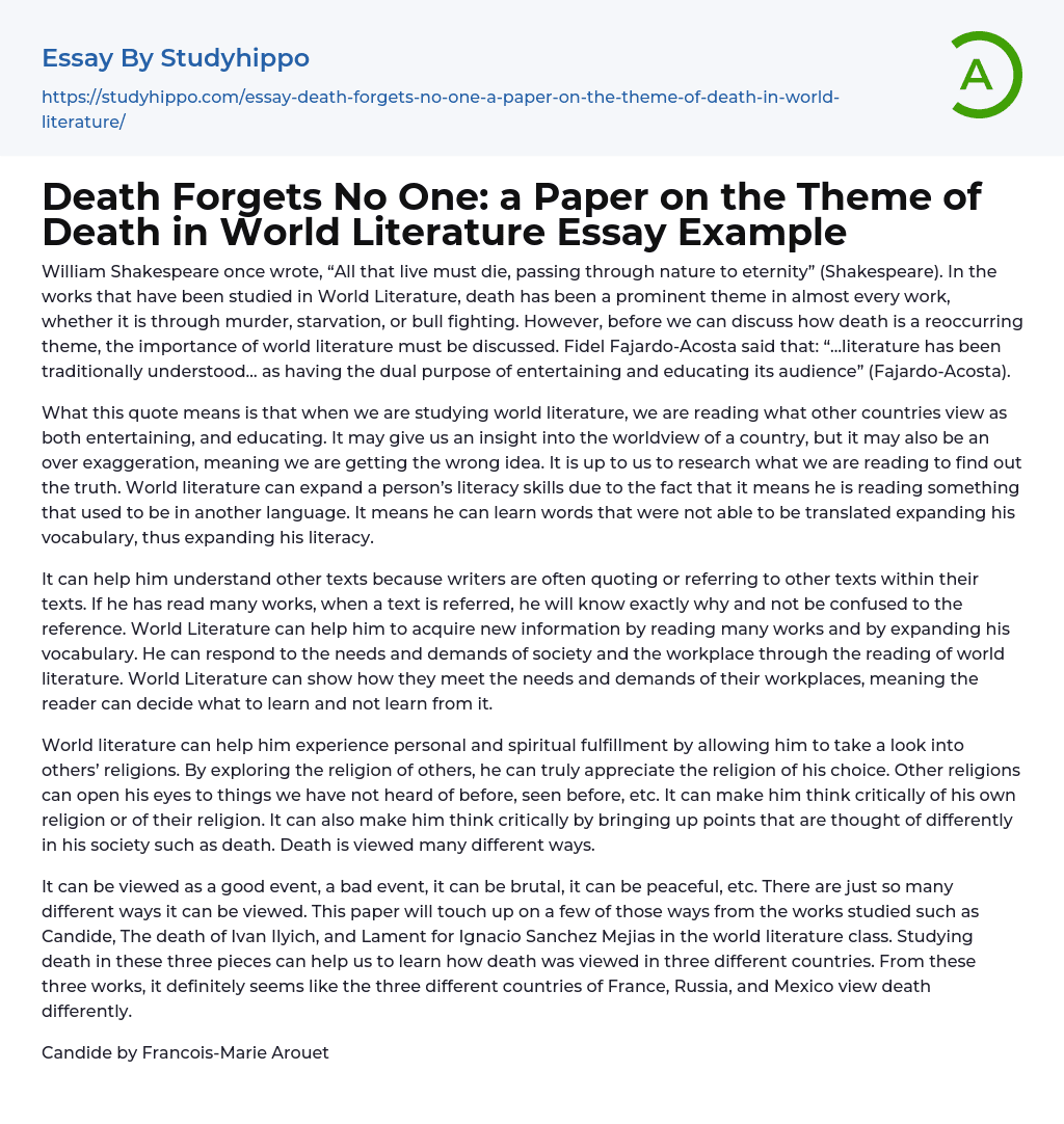 Death Forgets No One: a Paper on the Theme of Death in World Literature Essay Example